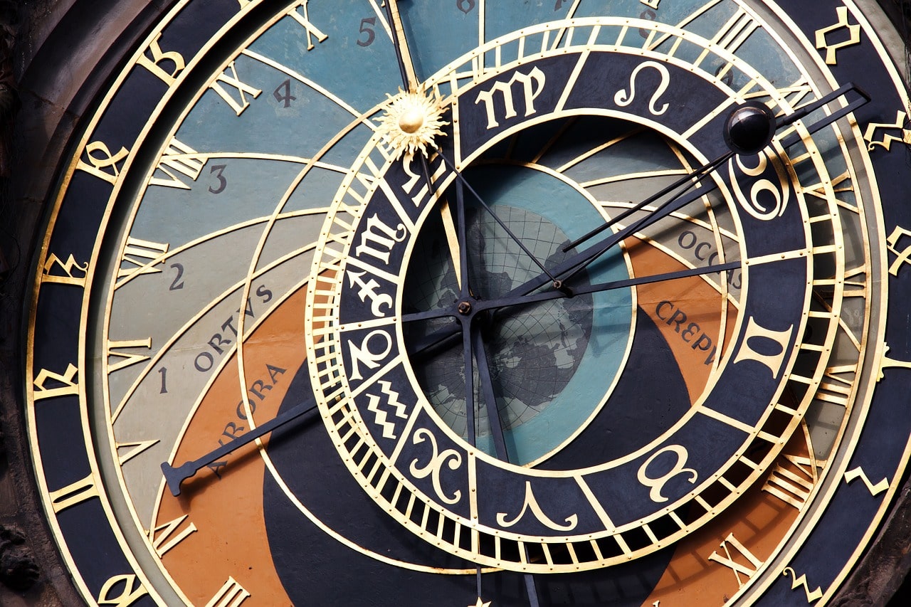 An astronomical clock, in Prague, Czech Republic, displays celestial positions and astronomical events.