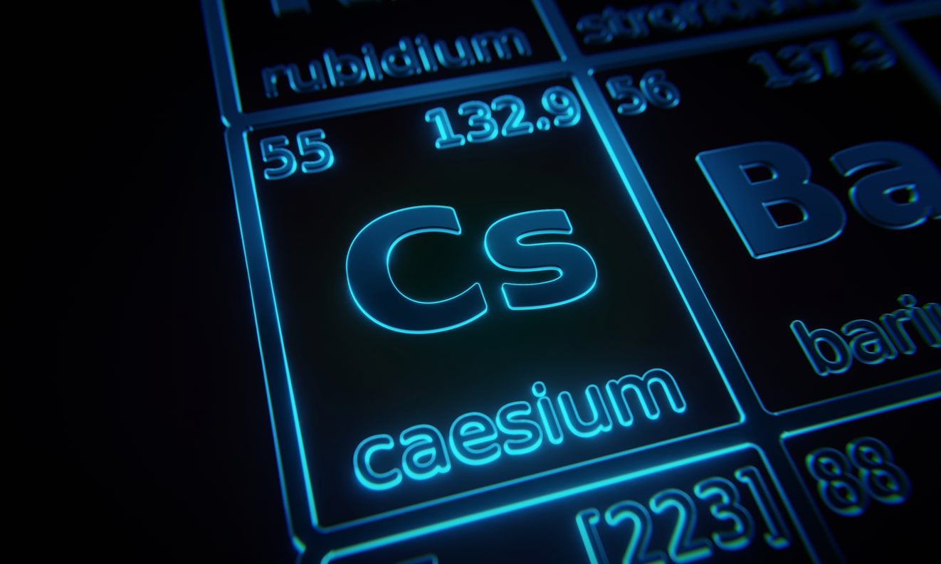 Caesium element highlighted and illuminated on the periodic table.