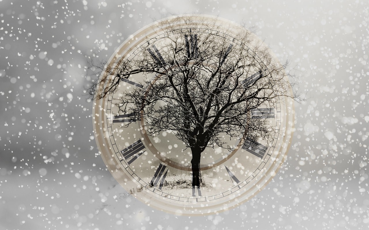 Snowfall, a clock showing winter time, and a leafless tree in the background.