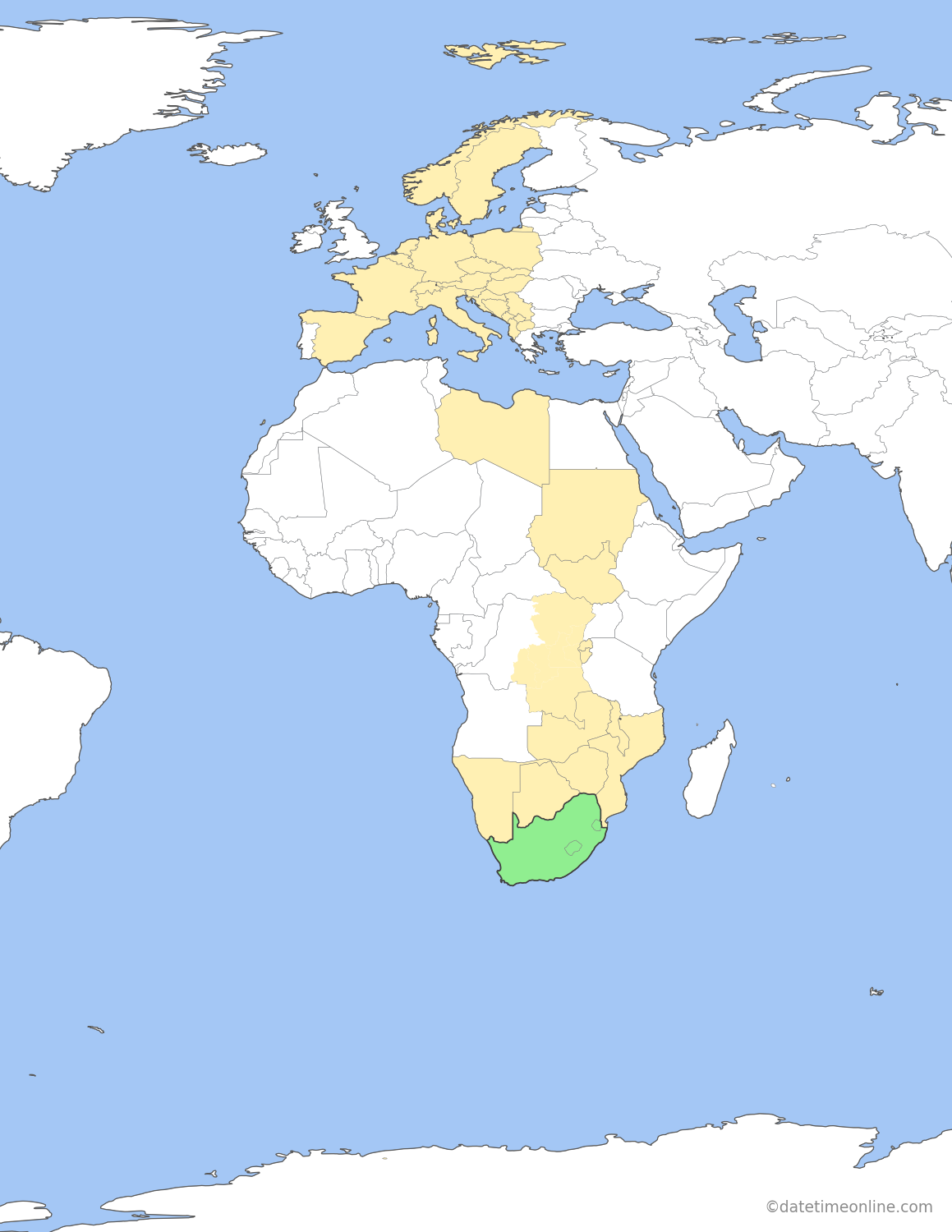Current time zone map of SAST