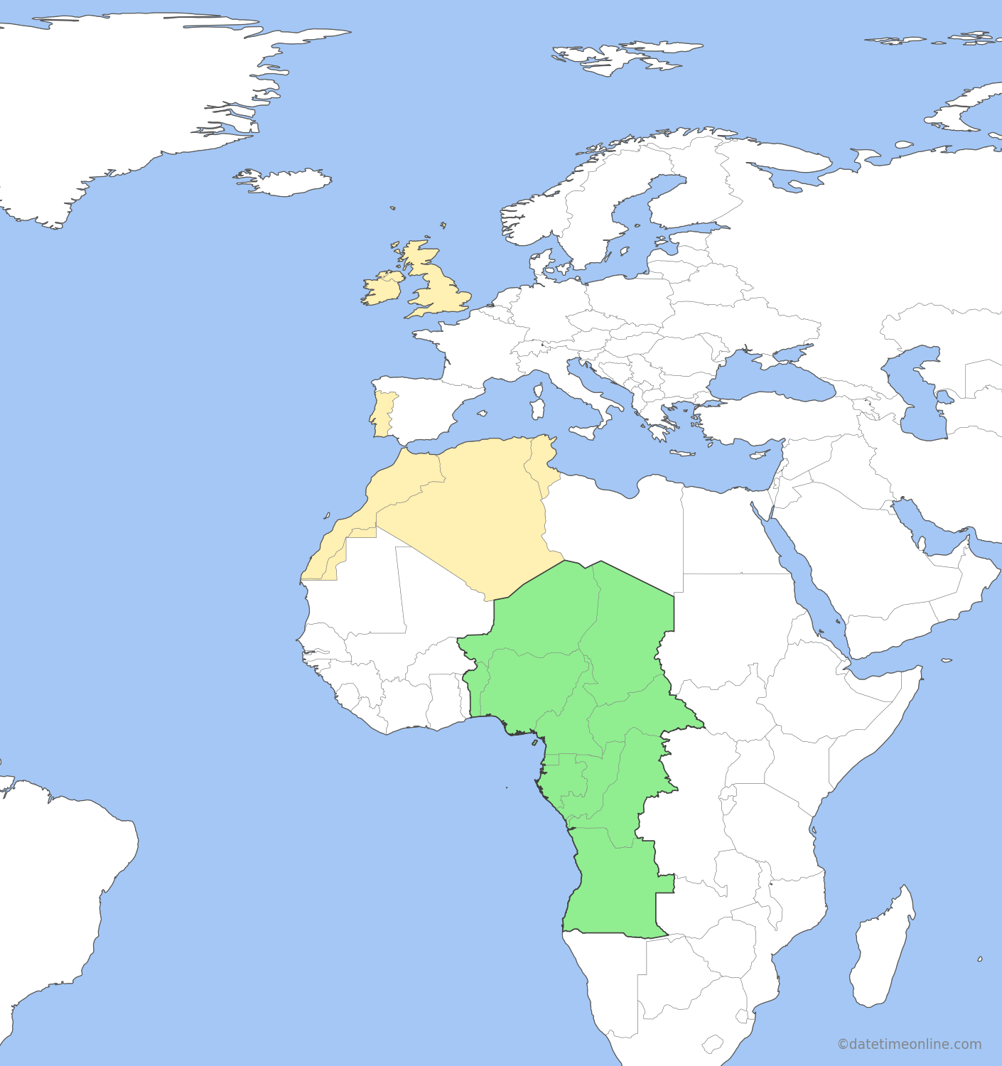 Current time zone map of WAT