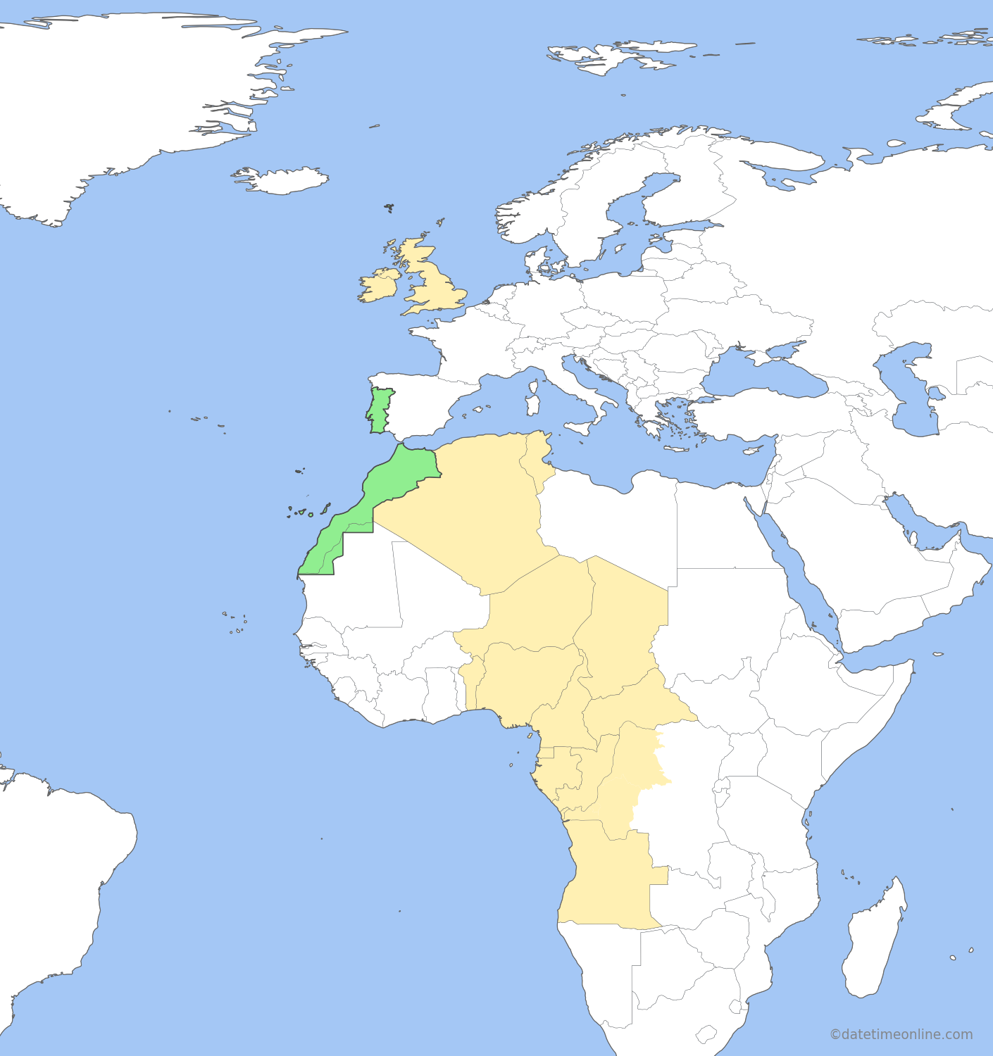 Current time zone map of WEST